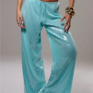 Aqua Sequin Wide-Leg Pants